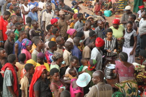 The tired, hungry and frightened refugees are given food vouchers which they can exchange for meals.