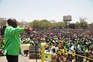 CCM Union presidential candidate, Dr John Magufuli, makes a point while addressing a campaign rally in Nzega town on Monday