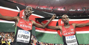 Gold medallist Asbel Kiprop (left) and silver medallist Elijah Manangoi celebrate after the final of the menâ€™s 1500 metres on August 30, 2015. PHOTO | FRANCK FIFE |  AFP