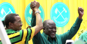  Tanzania President Jakaya Kikwete (left) congratulates Minister of Works Dr John Magufuli in Dodoma on July 12, 2015 after he was nominated ruling Chama Cha Mapinduzi (CCM) party's presidential candidate for the October 25 polls. PHOTO | AFP   By ERICK KABENDERA 