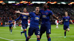 Football Soccer - Ajax Amsterdam v Manchester United - UEFA Europa League Final - Friends Arena, Solna, Stockholm, Sweden - 24/5/17 Manchester United's Henrikh Mkhitaryan celebrates scoring their second goal with Paul Pogba  Reuters / Lee Smith Livepic